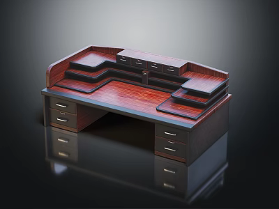 Classic Wooden Office Desk With Multiple Drawers And Layered Compartments Design 3d model