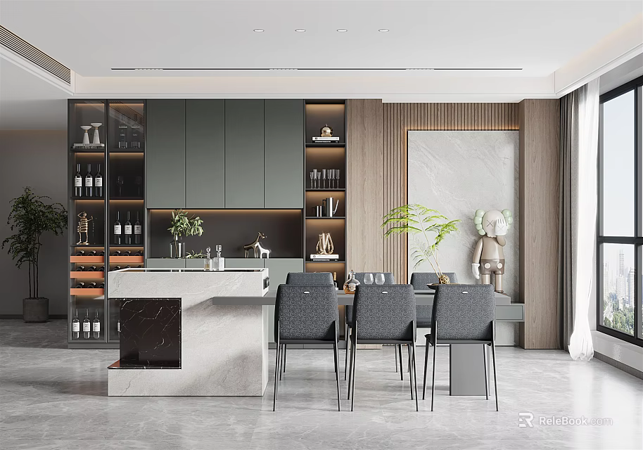 Modern Restaurant Interior With Open Layout Dining Table Chairs And Decorative Plants 3d model