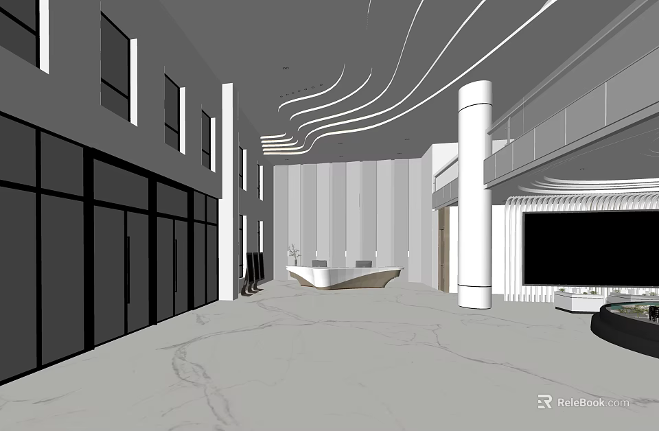 Modern Lobby Reception Area With Curved Ceiling Design And White Columns Front Desk 3d model 