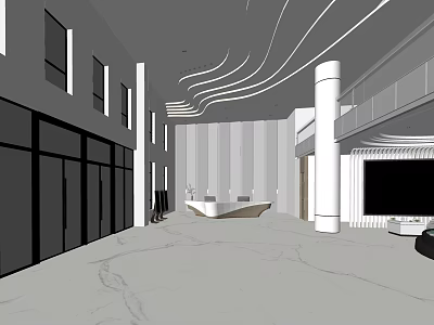 Modern Lobby Reception Area With Curved Ceiling Design And White Columns Front Desk 3d model