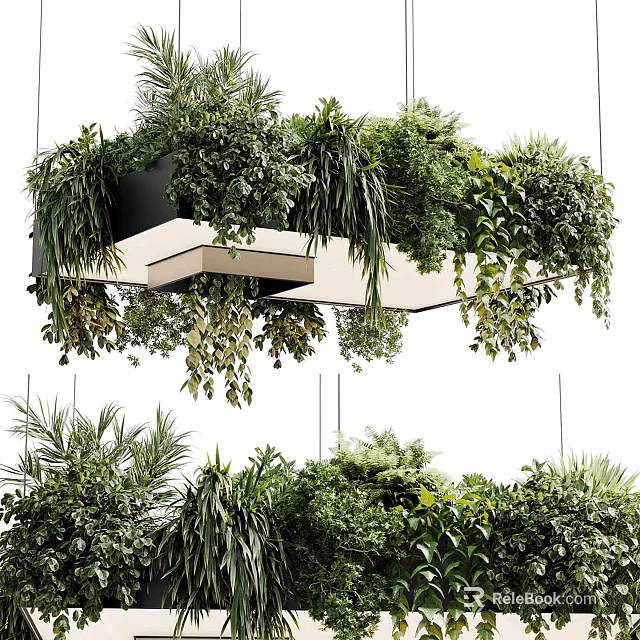 Modern Hanging Chandelier Featuring Lush Green Plants And Decorative Black Frame 3d model 