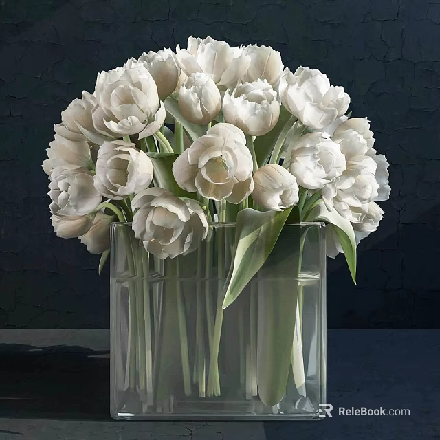 Beautiful White Tulips Arrangement In Transparent Glass Vase With Green Leaves 3d model 