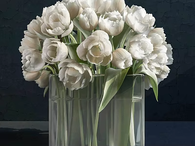 Beautiful White Tulips Arrangement In Transparent Glass Vase With Green Leaves 3d model