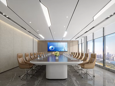 Modern Conference Room Interior With Long Table Leather Chairs Large Screen And City View 3d model