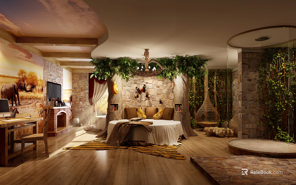 Cozy Hotel Room Interior With Natural Greenery Stone Walls And Comfortable Bed 3d model 