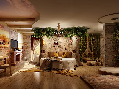 Cozy Hotel Room Interior With Natural Greenery Stone Walls And Comfortable Bed 3d model