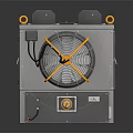 Industrial Equipment Unit With Gray Body Top Square Modules Yellow Fan And Warning Labels
