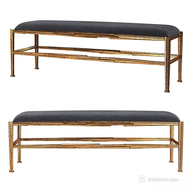 Modern Gold Metal Frame Bench With Dark Upholstered Seat For Living Room Decor 3d model 