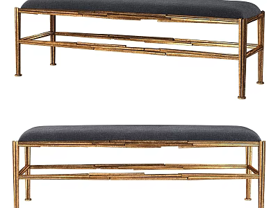 Modern Gold Metal Frame Bench With Dark Upholstered Seat For Living Room Decor 3d model