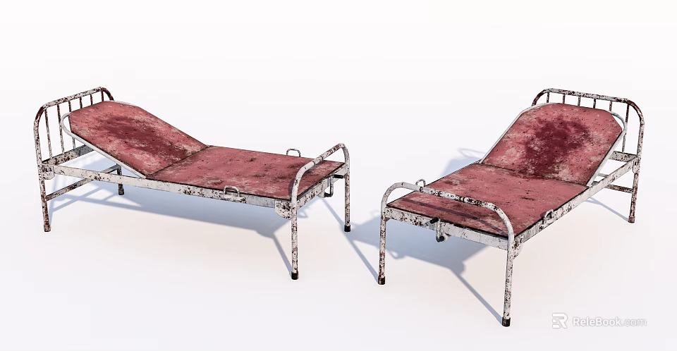 Two Rustic Single Beds With Metal Frames And Red Mattresses 3d model 