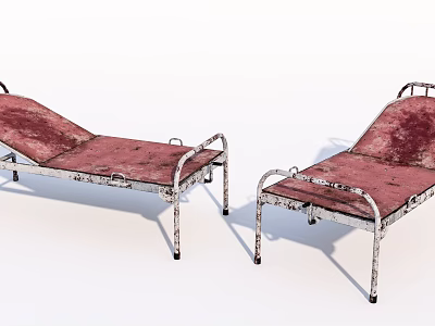 Two Rustic Single Beds With Metal Frames And Red Mattresses 3d model