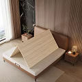 Modern Brown Leather Headboard Bed Frame With Beige Striped Mattress And Wooden Panel Wall
