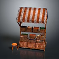 Rustic Fruit Stall Featuring Striped Awning Wooden Shelves Fruit Baskets And Small Stool