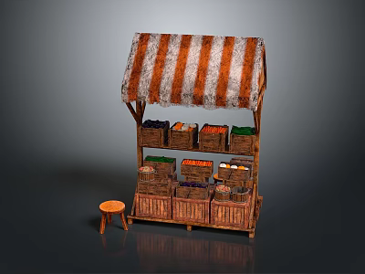 Rustic Fruit Stall Featuring Striped Awning Wooden Shelves Fruit Baskets And Small Stool 3d model