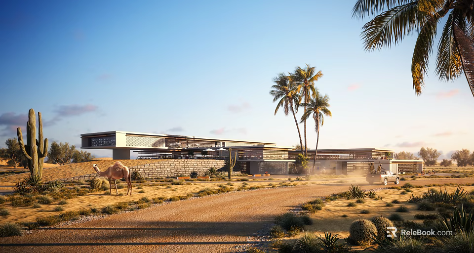 Modern Desert Building With Palm Trees Camel And Dirt Road Under Blue Sky 3d model 