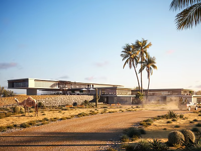 Modern Desert Building With Palm Trees Camel And Dirt Road Under Blue Sky 3d model