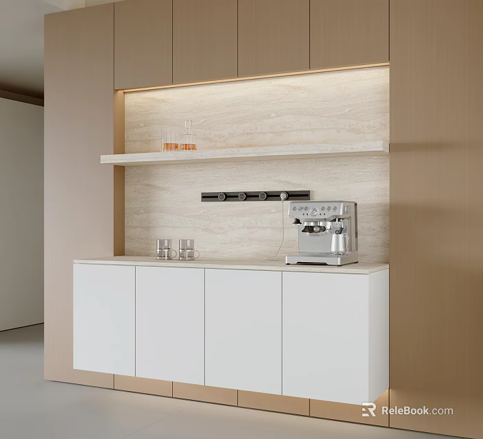 Minimalist Modern Sideboard With White Cabinets Light Wood Shelf And Coffee Machine 3d model 