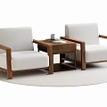 Elegant Single Sofa with Wooden Armrests Light Gray Cushions and Wooden Side Table on Round Rug