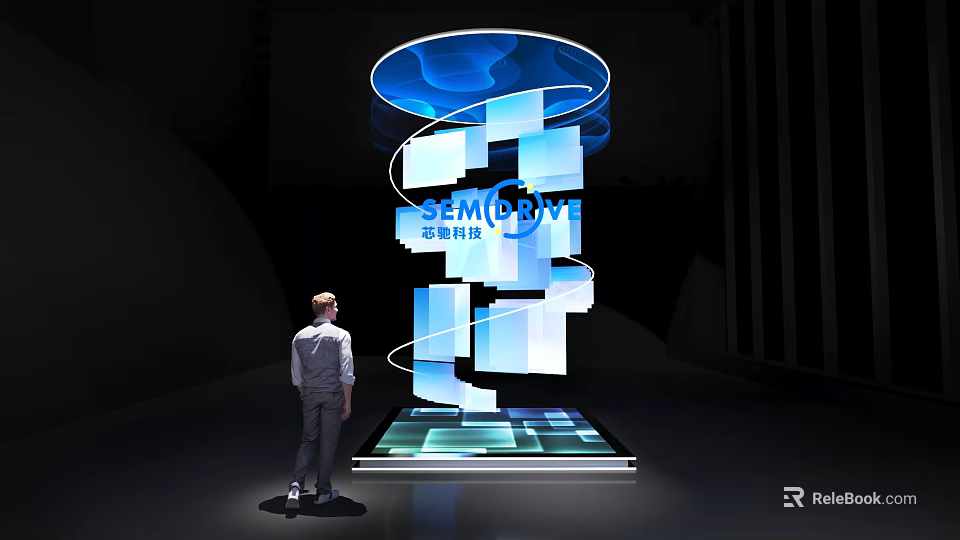 Futuristic Spiral Blue Illuminated Photo Spot With Cubes And Glowing Platform 3d model 