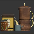 Copper Coffee Pot With Yellow Coffee Tin Orange Tea Packet And Blue Cup Kitchen Supplies