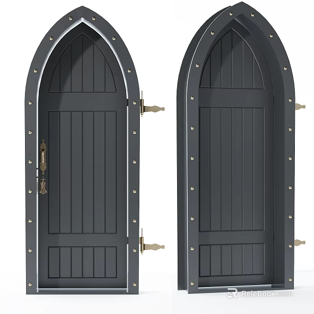 Stylish Black Hinged Doors with Arched Top Vertical Panel and Brass Hinges Handles 3d model
