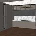 Stylish Gray Kitchen Cabinets With Marble Countertop Open Shelves Wooden Flooring And Textured Wall