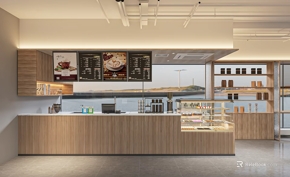 Modern Coffee Shop Interior Design With Wooden Counter Menu Board And Pastry 3d model 