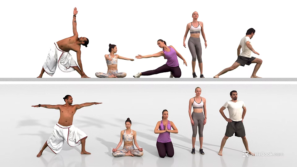 Group of People Practicing Various Yoga Poses and Fitness Exercises Together 3d model 