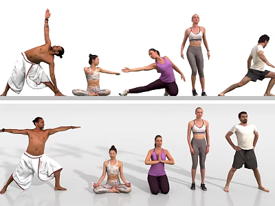 Group of People Practicing Various Yoga Poses and Fitness Exercises Together 3d model