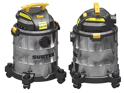 Industrial Vacuum Cleaners with Stainless Steel Drums Black Yellow Handles and Mobile Wheels 3d model