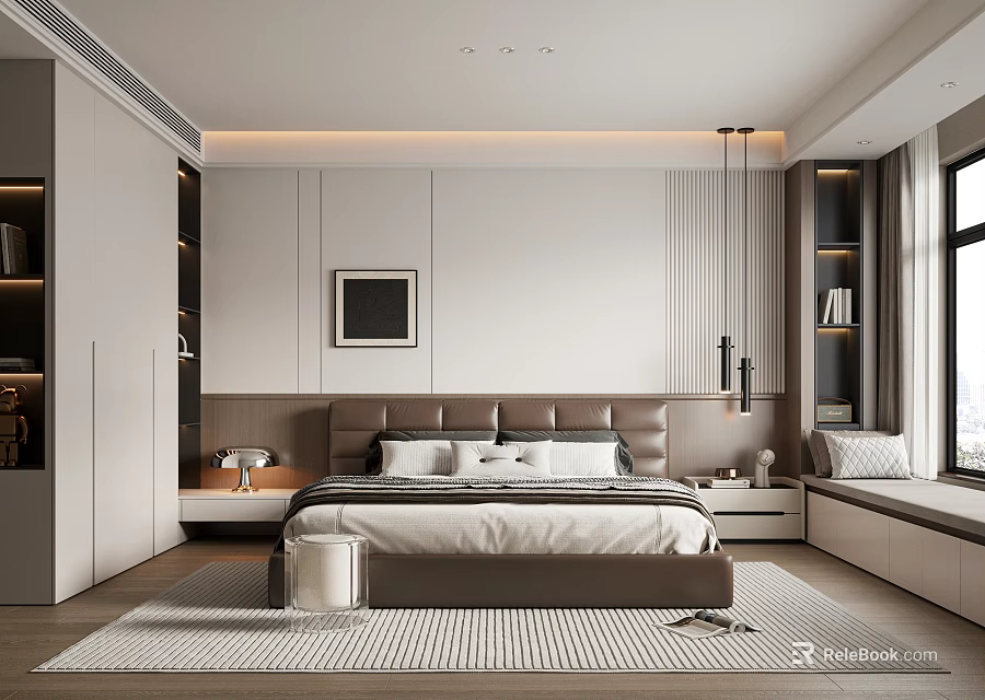Modern Minimalist Bedroom Interior With Upholstered Headboard Bed Area Rug And Nightstands 3d model 