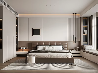 Modern Minimalist Bedroom Interior With Upholstered Headboard Bed Area Rug And Nightstands 3d model