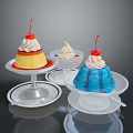 Colorful Desserts Display With Pudding Ice Cream Jelly Whipped Cream And Cherries On White Plates