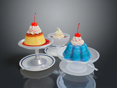 Colorful Desserts Display With Pudding Ice Cream Jelly Whipped Cream And Cherries On White Plates 3d model