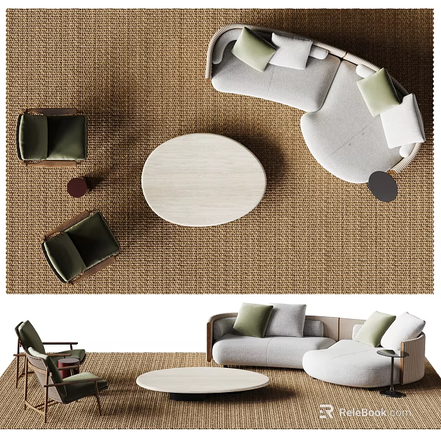 Light Gray L shaped Sofa And Round Coffee Table Set With Green Cushions And Brown Carpet 3d model 