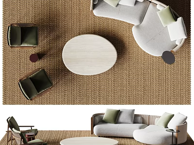 Light Gray L shaped Sofa And Round Coffee Table Set With Green Cushions And Brown Carpet 3d model
