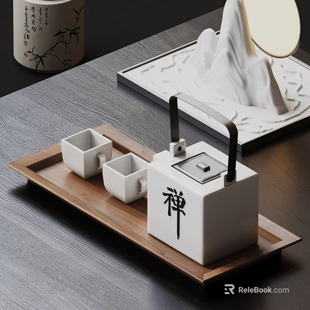 Modern White Ceramic Tea Set With Square Teapot Zen Character Two Cups And Wooden Tray 3d model 