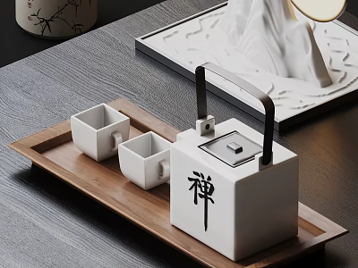 Modern White Ceramic Tea Set With Square Teapot Zen Character Two Cups And Wooden Tray 3d model