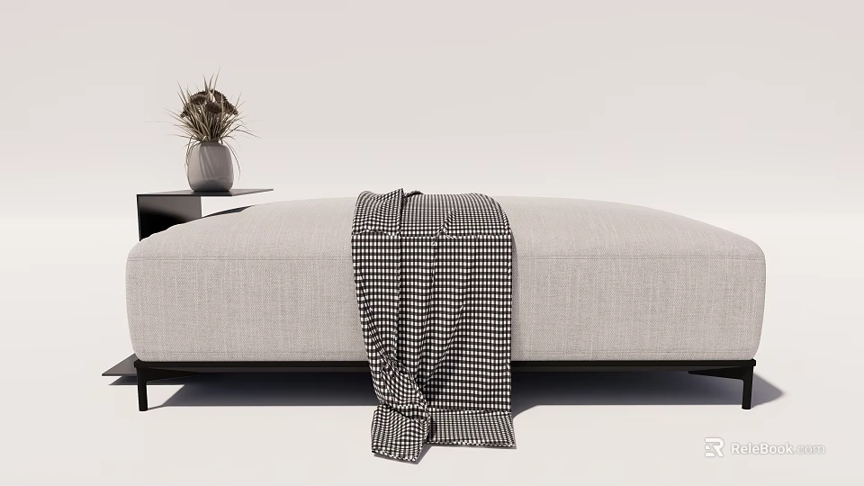 Modern Gray Upholstered Bench With Black White Plaid Throw And Side Table With Dried Flowers 3d model 