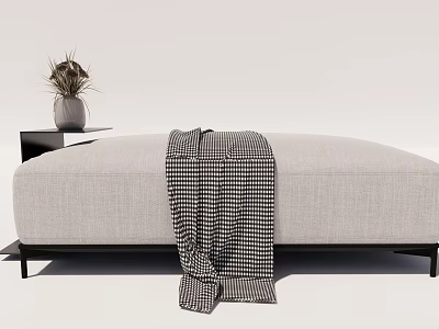 Modern Gray Upholstered Bench With Black White Plaid Throw And Side Table With Dried Flowers 3d model