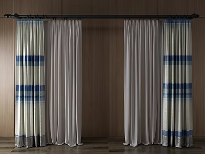 Elegant White And Blue Striped Curtains For Modern Interior With Wooden Wall 3d model