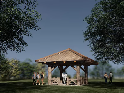 Outdoor Wooden Pavilion With Sloped Roof Surrounded By Trees And People On Grass 3d model