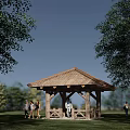 Outdoor Wooden Pavilion With Sloped Roof Surrounded By Trees And People On Grass