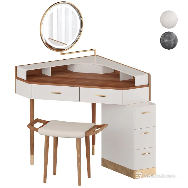 Modern Minimalist Dressing Table With Round Mirror Wooden Countertop And Matching Stool 3d model 