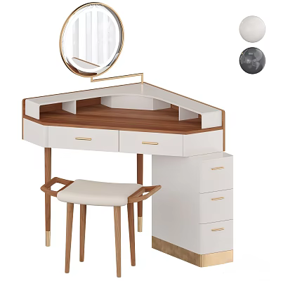 Modern Minimalist Dressing Table With Round Mirror Wooden Countertop And Matching Stool 3d model