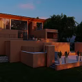 Modern Detached Villa With Sloped Wooden Roof Staircase Large Windows And Green Lawn Surroundings