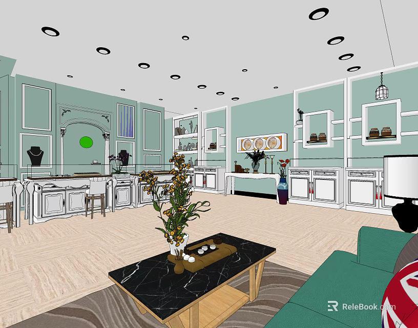 Modern Mall Shop Interior With Light Green Walls White Cabinets Pendant Lights And Sofa 3d model 
