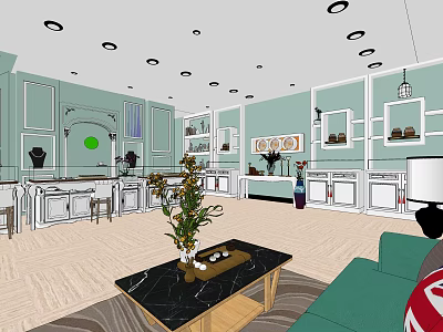 Modern Mall Shop Interior With Light Green Walls White Cabinets Pendant Lights And Sofa 3d model