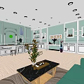 Modern Mall Shop Interior With Light Green Walls White Cabinets Pendant Lights And Sofa