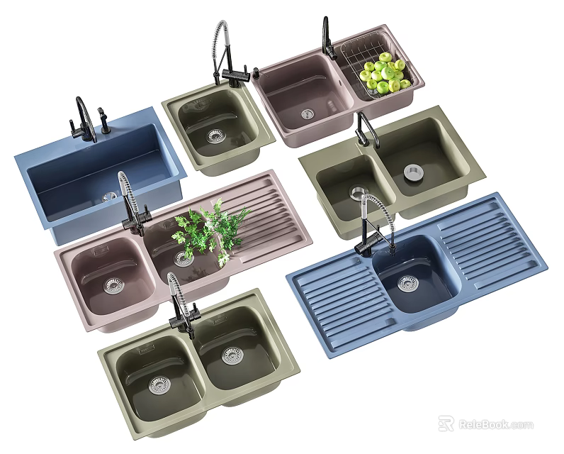 Multiple Modern Double Bowl Kitchen Sinks In Various Colors With Drainboard Design 3d model
